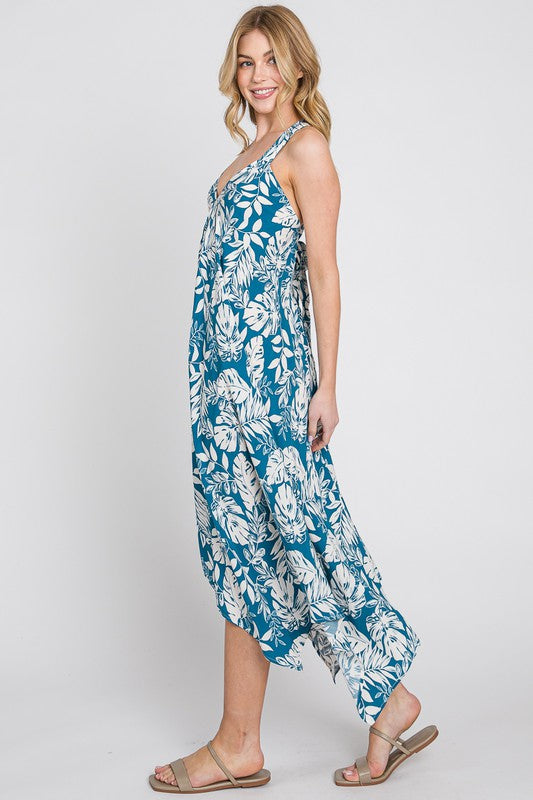 Handkerchief Hem Tropical Midi Dress