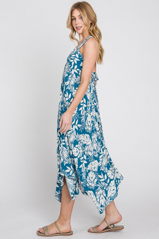 Handkerchief Hem Tropical Midi Dress
