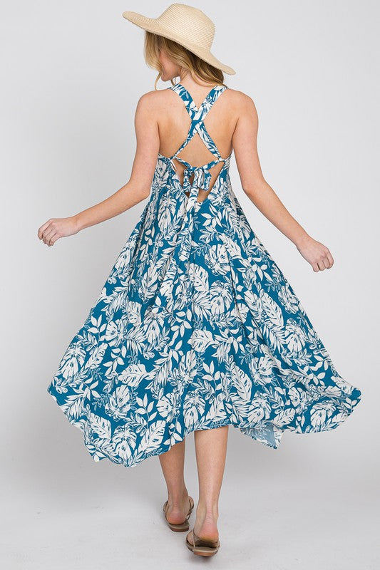 Handkerchief Hem Tropical Midi Dress