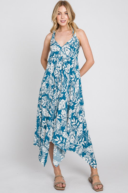 Handkerchief Hem Tropical Midi Dress
