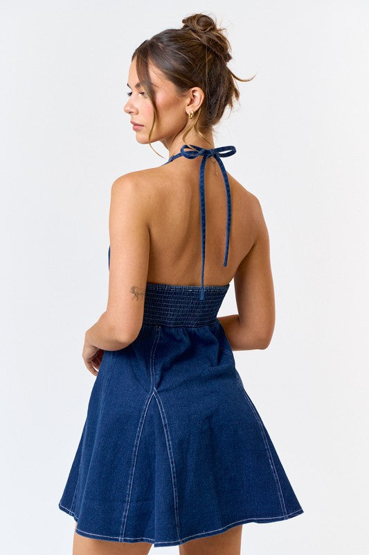Denim Halter Mini Dress