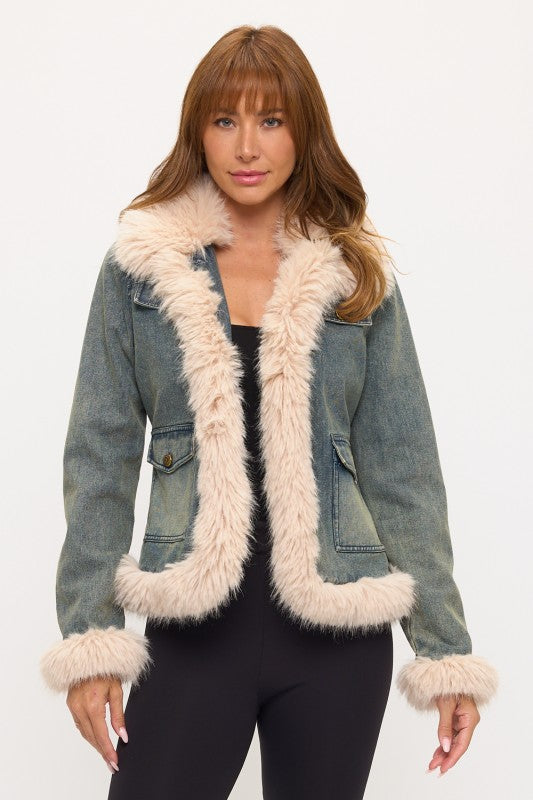 FAUX FUR TRIM DENIM JACKET