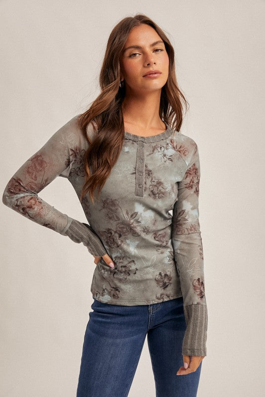 FLORAL PRINT MESH HENLEY TOP