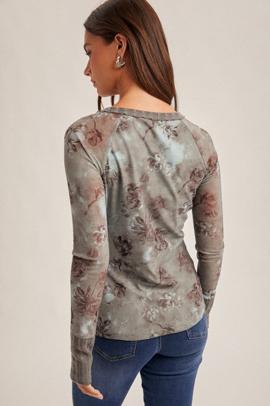 FLORAL PRINT MESH HENLEY TOP