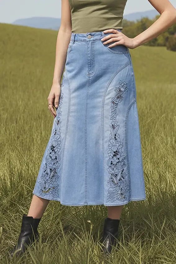 Embroidered Tencel Denim Midi Skirt