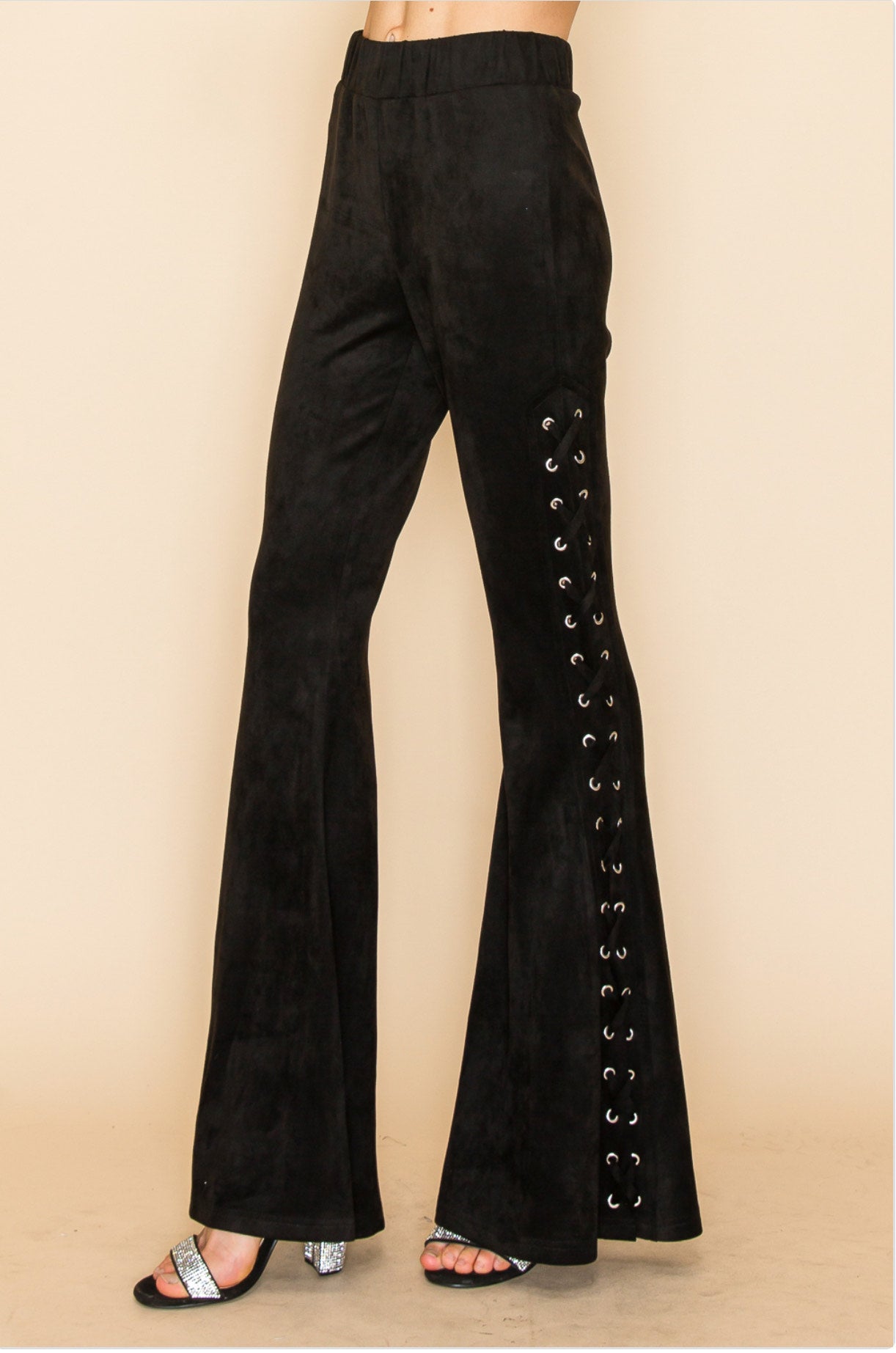 Faux Suede Lace Up Flare Pants