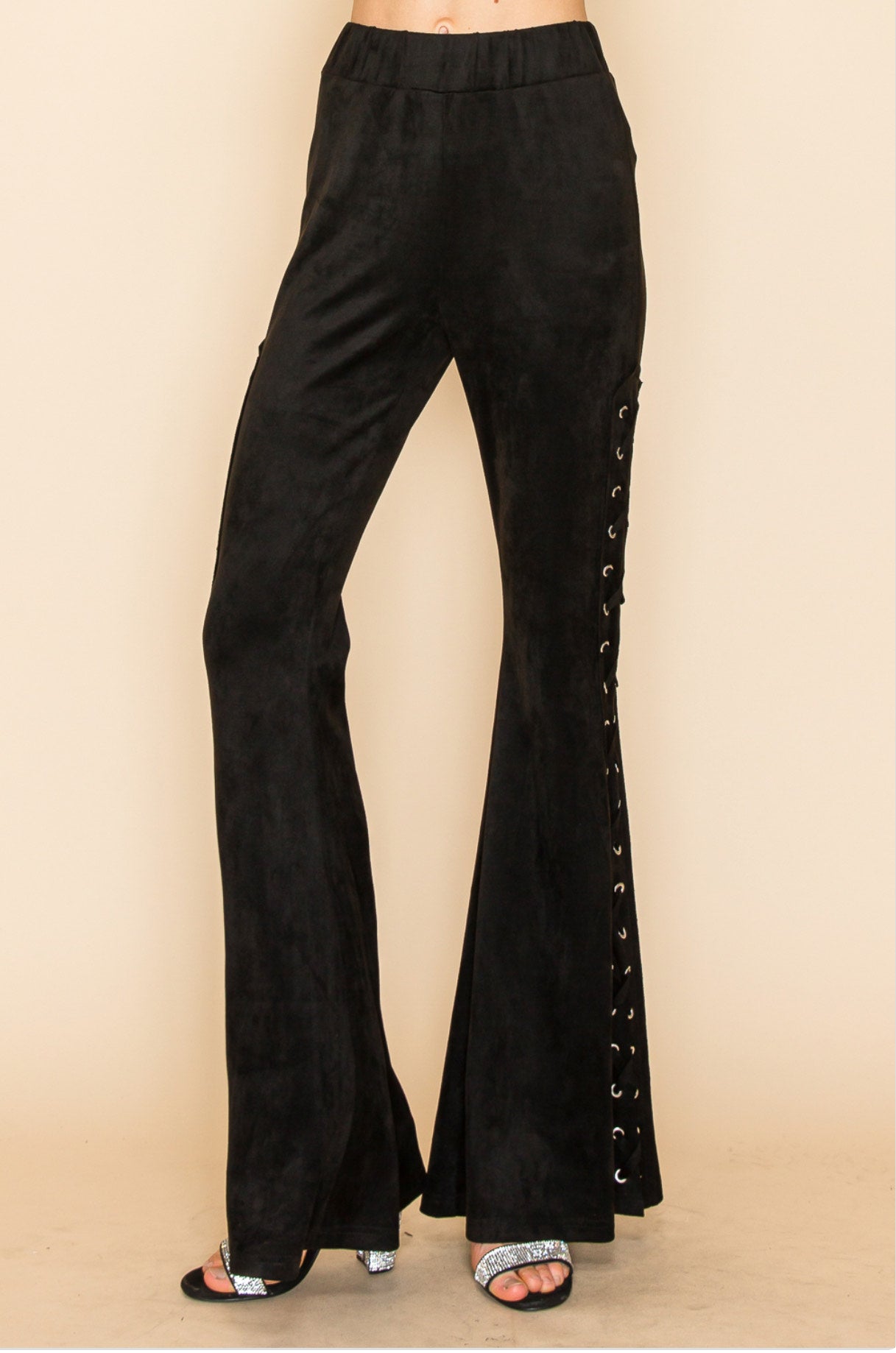 Faux Suede Lace Up Flare Pants