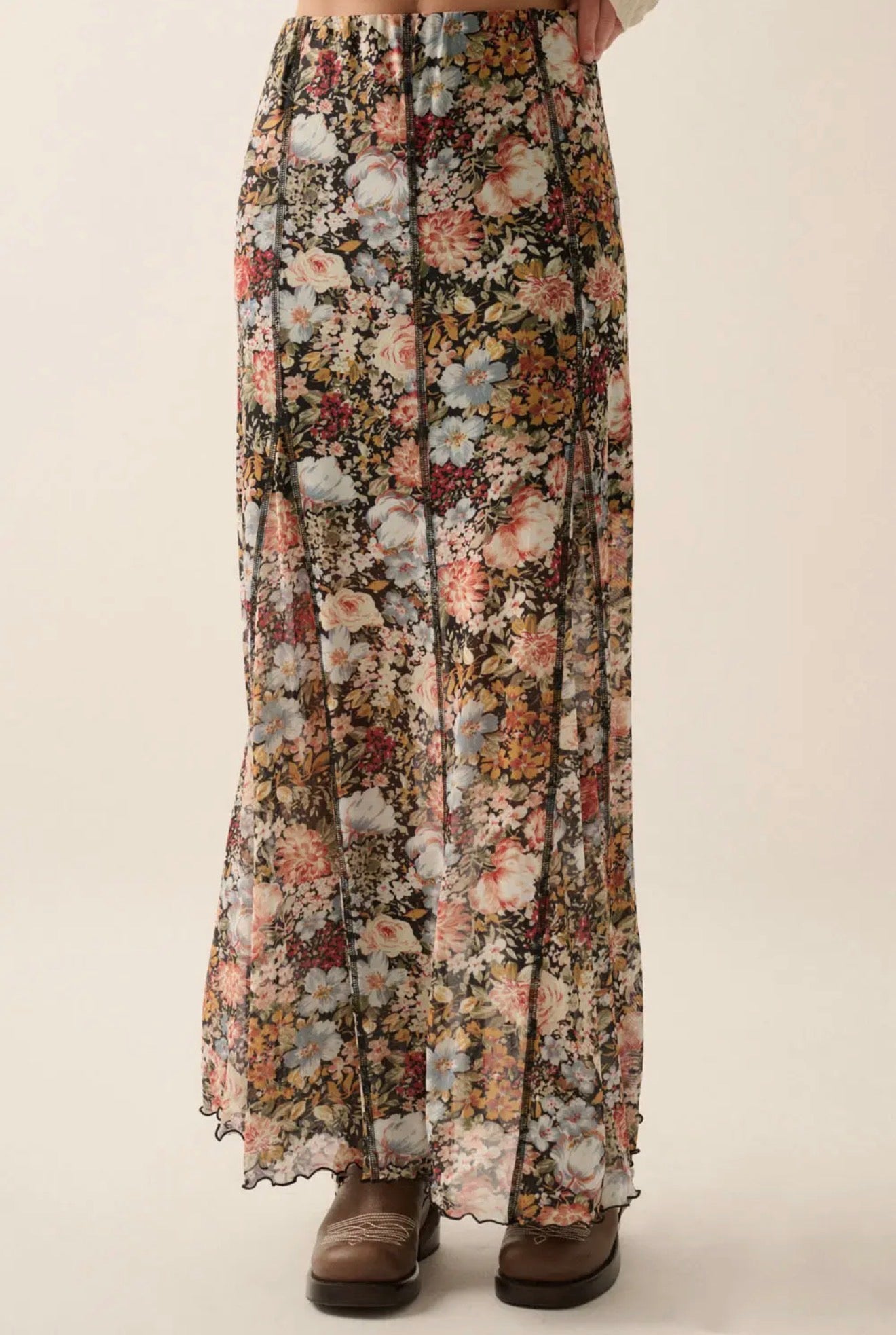FLORAL PRINT MESH MAXI SKIRT