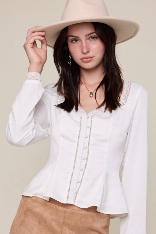 LONG SLEEVE LACE TRIM FLARE BLOUSE