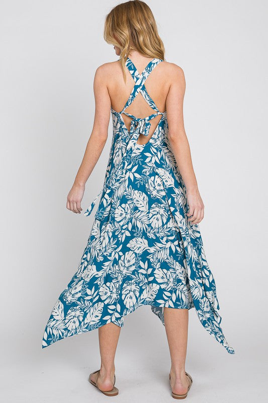 Handkerchief Hem Tropical Midi Dress
