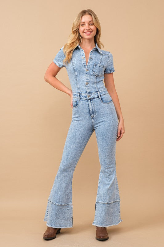 Washed, Flared Denim Jumpsuit