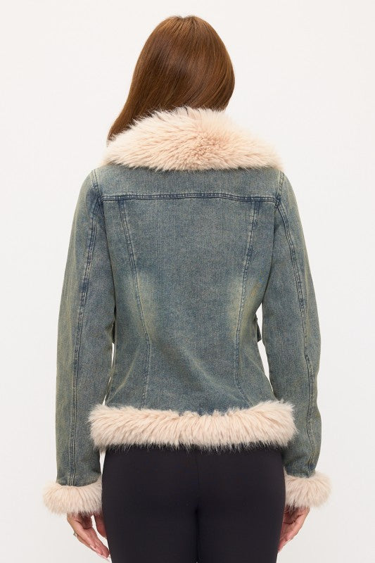 FAUX FUR TRIM DENIM JACKET