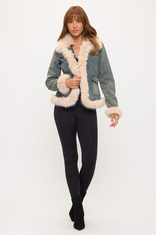 FAUX FUR TRIM DENIM JACKET