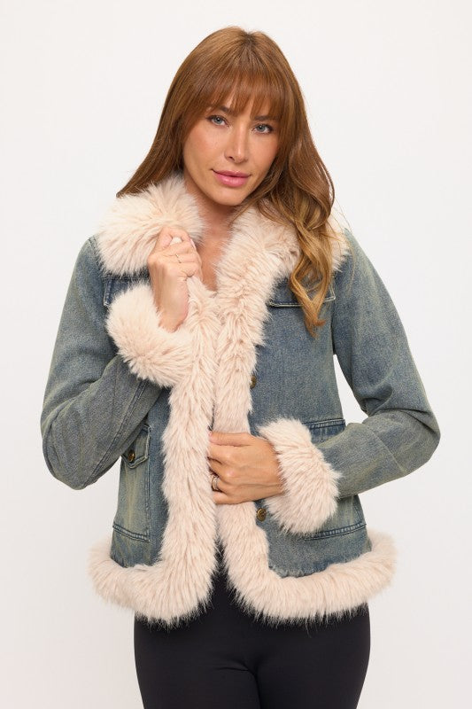 FAUX FUR TRIM DENIM JACKET