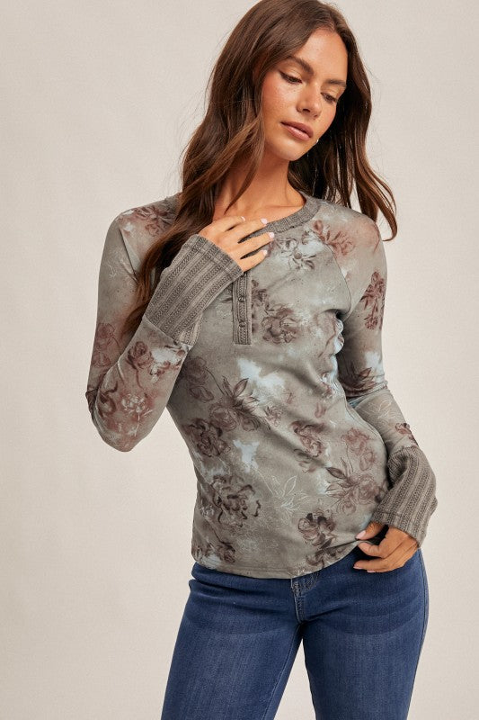 FLORAL PRINT MESH HENLEY TOP