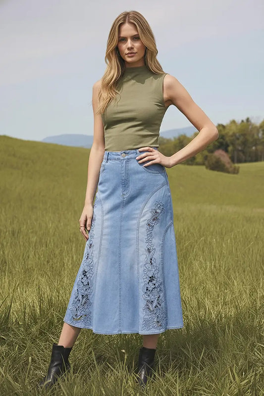 Embroidered Tencel Denim Midi Skirt
