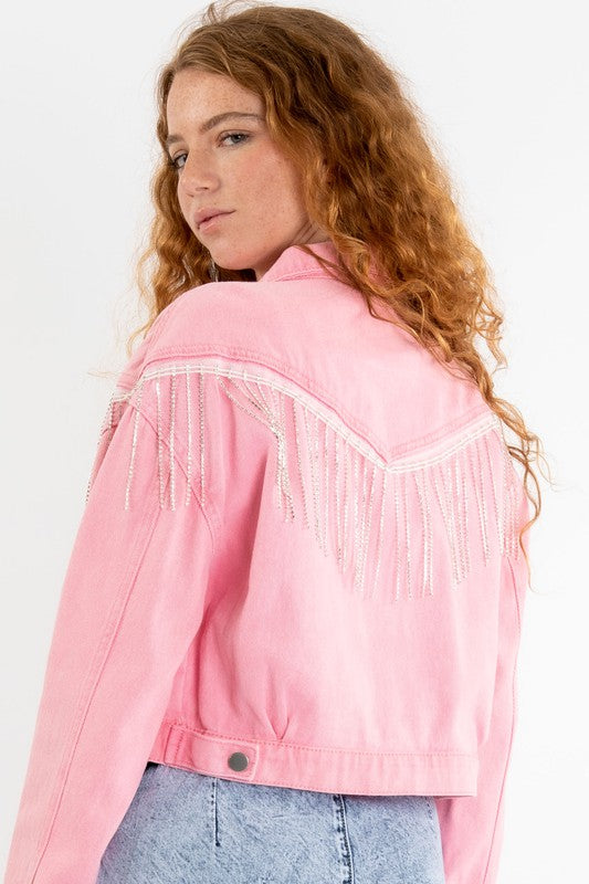 Pink Denim Jacket with Rhinestone Fringe