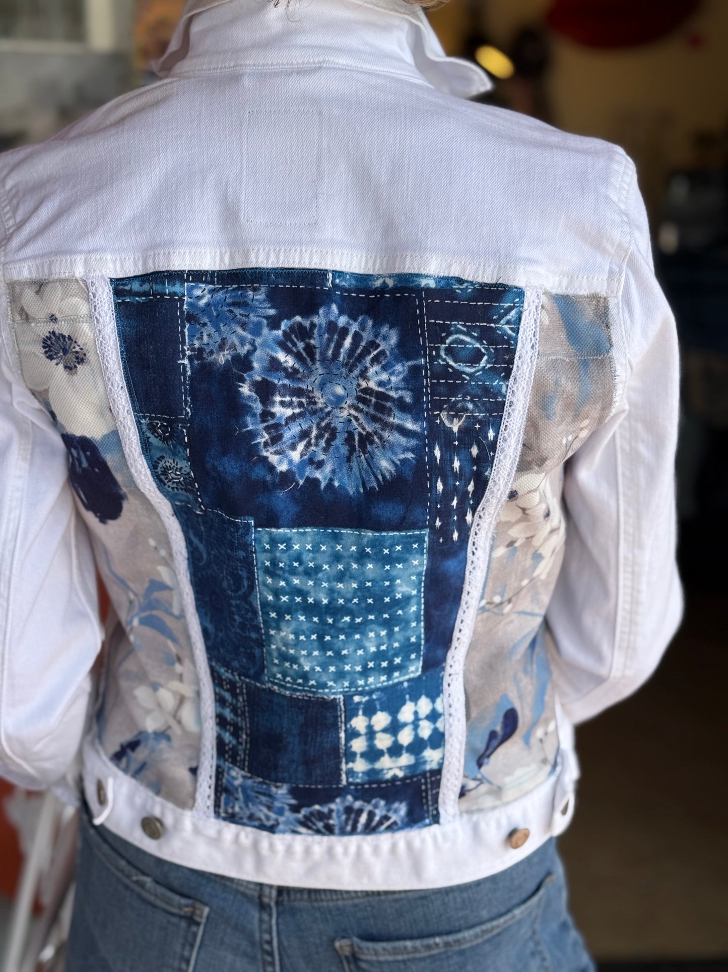 Repurposed White Denim Jacket/Blues