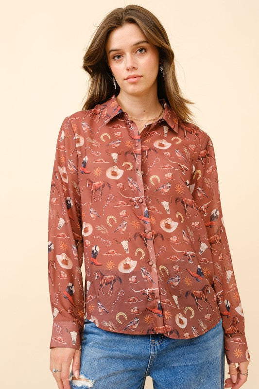 WESTERN PRINT CHIFFON BUTTON-UP