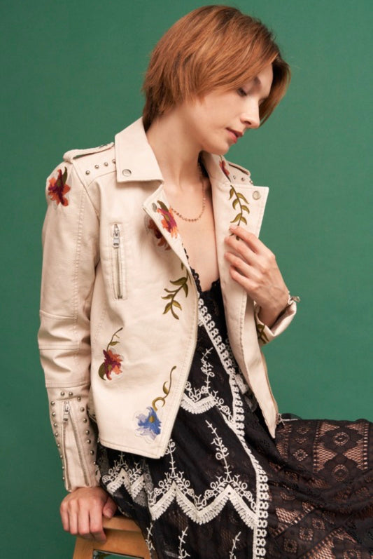 FAUX LEATHER JACKET WITH EMBROIDERIES