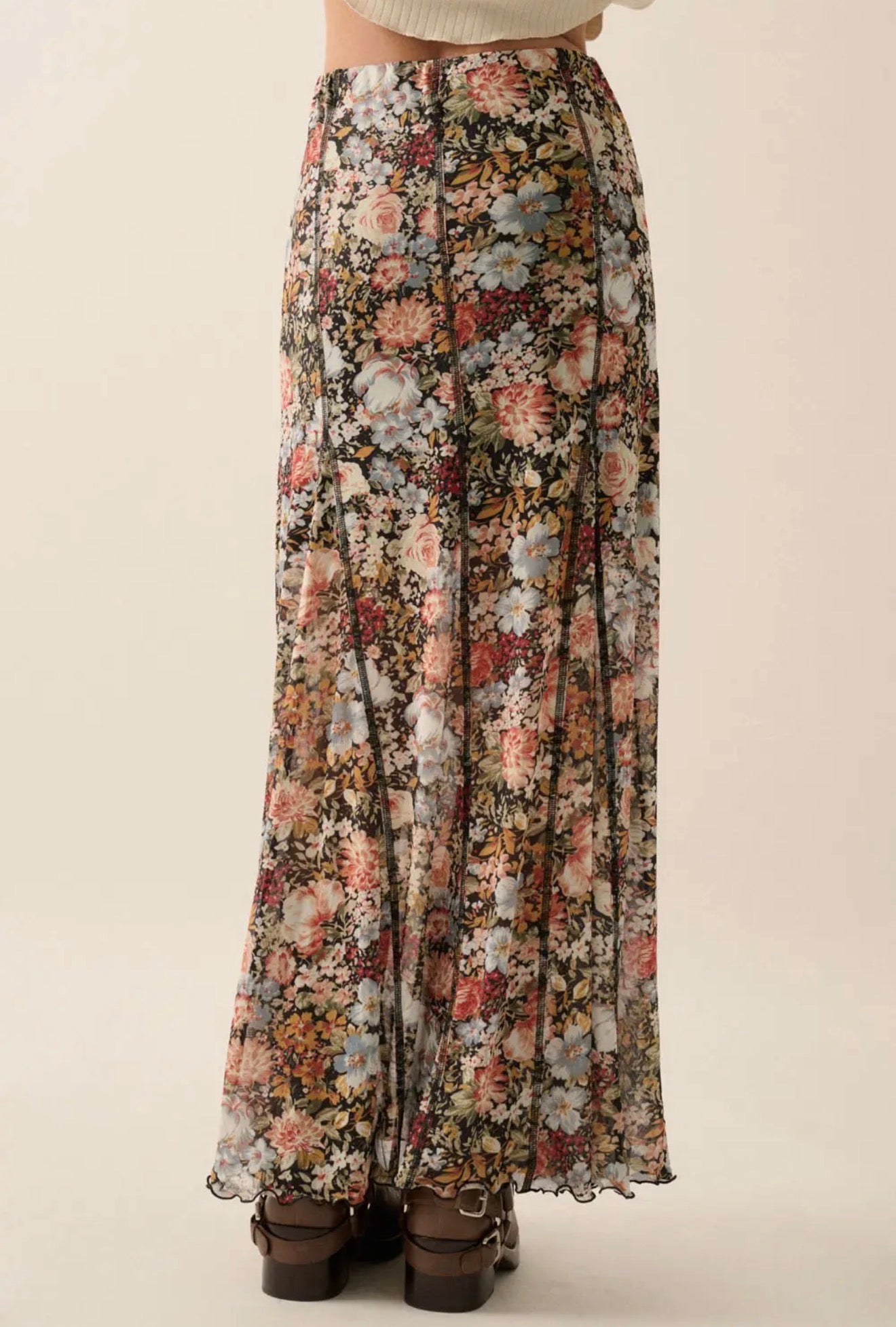 FLORAL PRINT MESH MAXI SKIRT