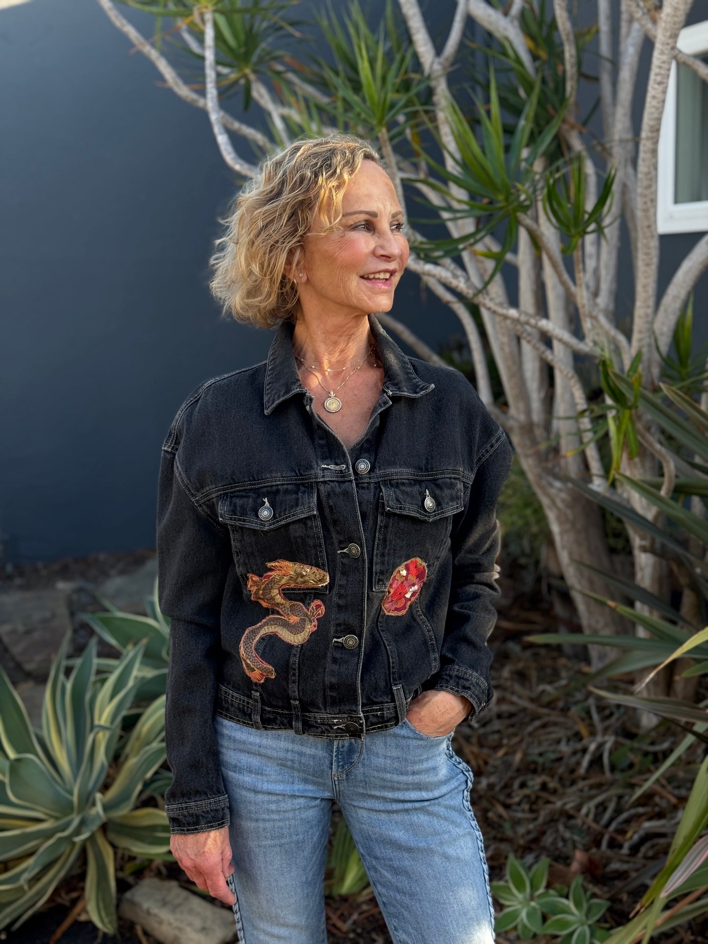 Repurposed Black Denim Jacket/Snake