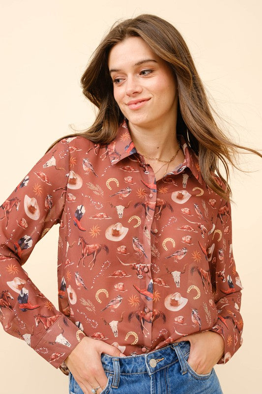 WESTERN PRINT CHIFFON BUTTON-UP