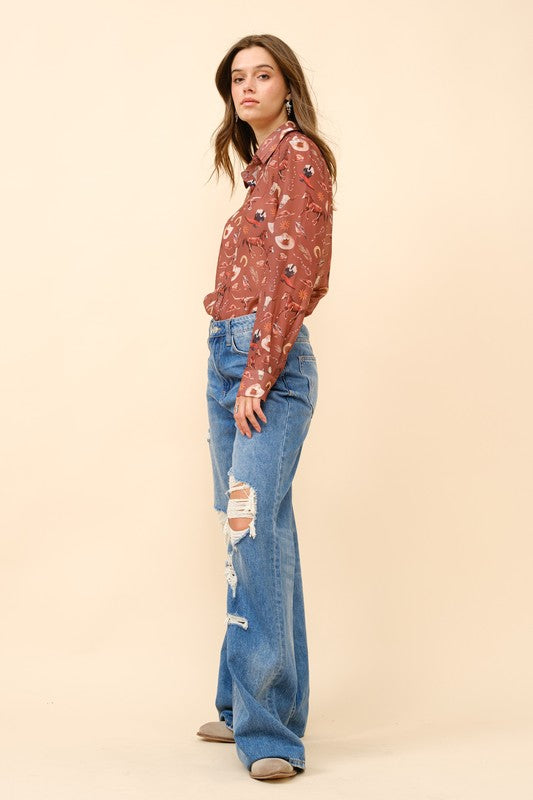 WESTERN PRINT CHIFFON BUTTON-UP