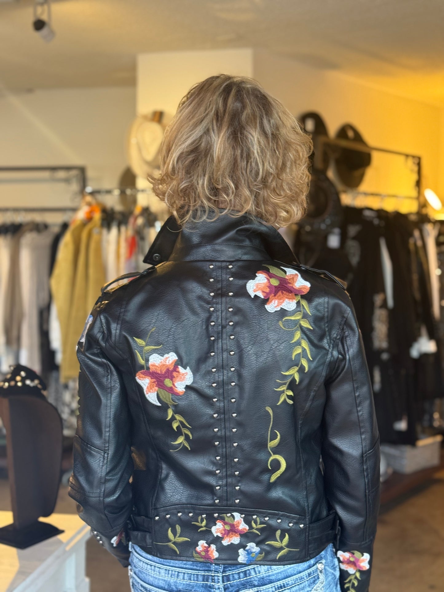 Faux Leather Embroidered Moto Jacket