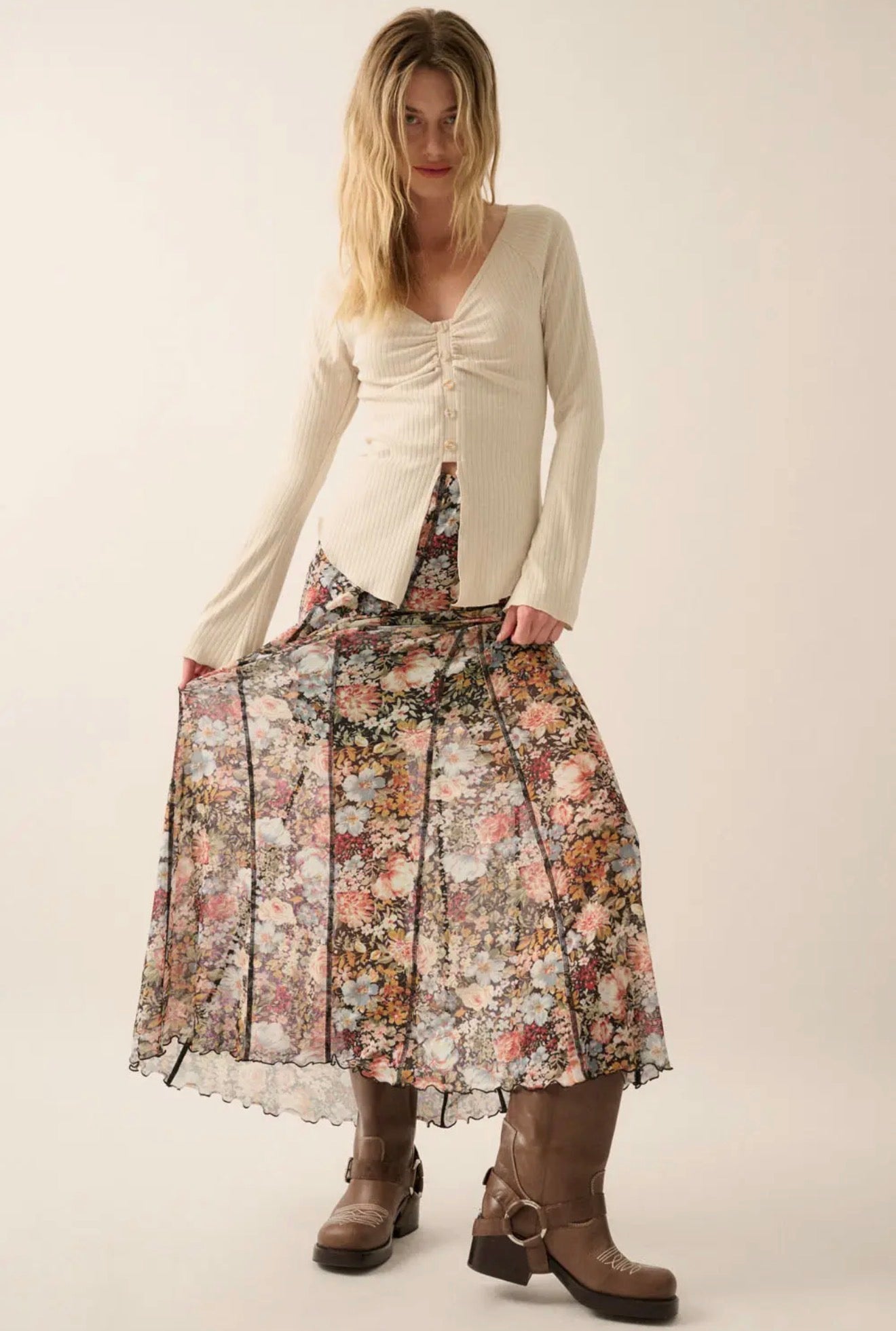 FLORAL PRINT MESH MAXI SKIRT