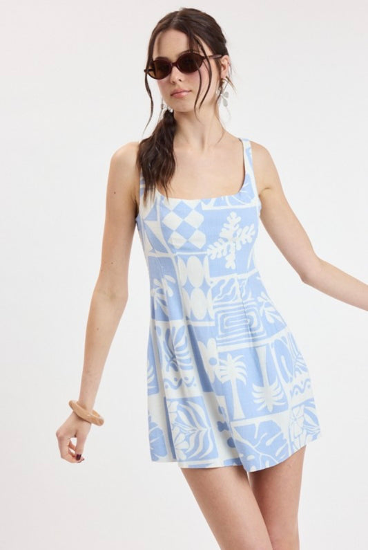 SKY BLUE TILE SQUARE MINI DRESS
