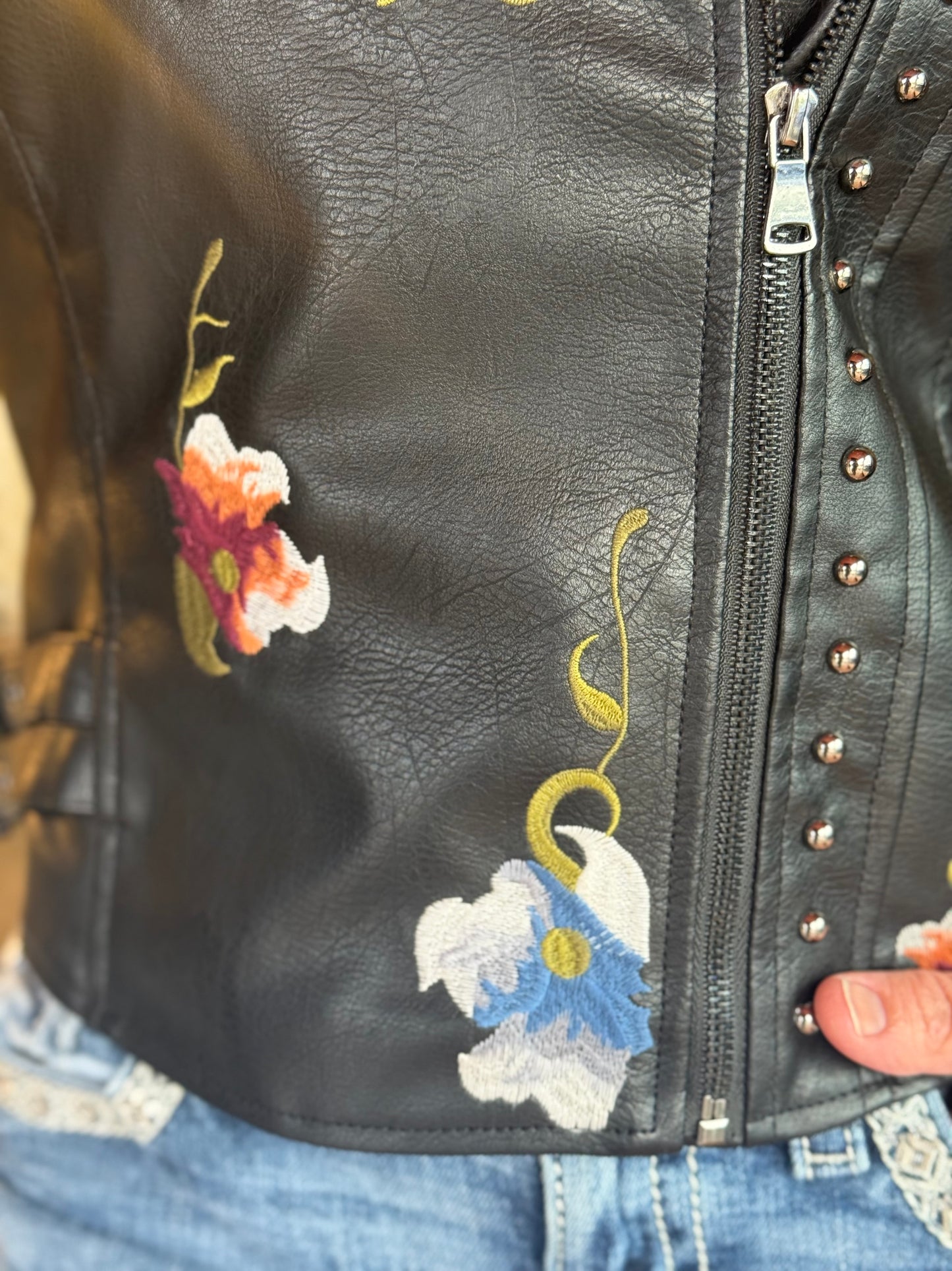 Faux Leather Embroidered Moto Jacket