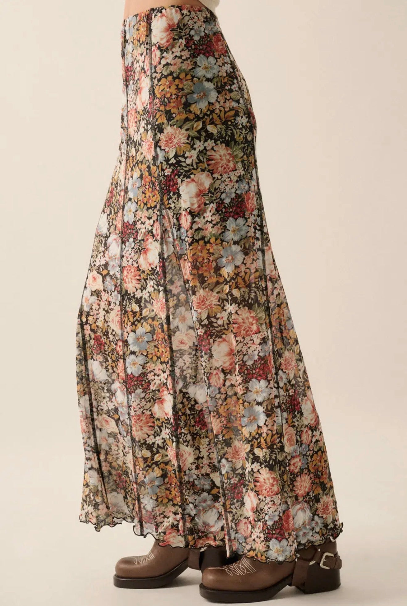 FLORAL PRINT MESH MAXI SKIRT