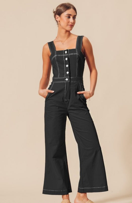 Button Front Cropped Jumpsuit