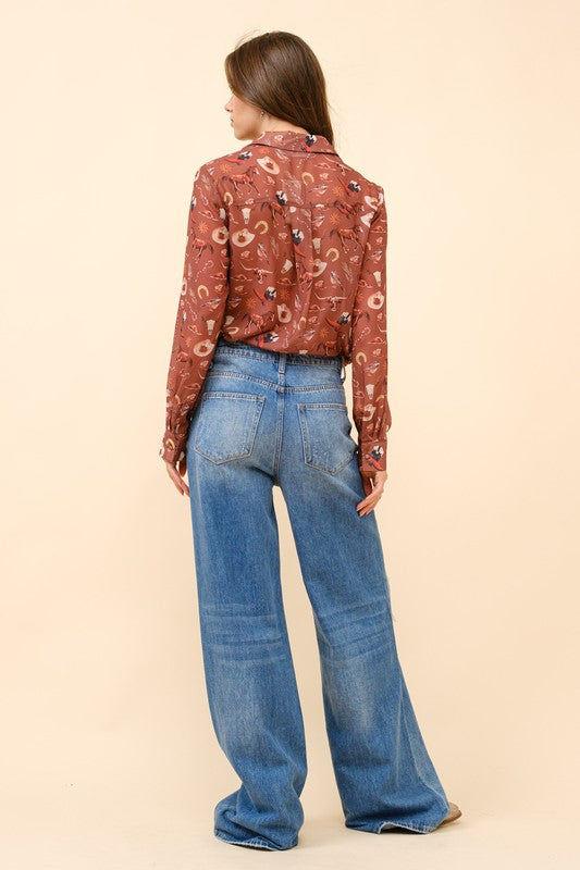 WESTERN PRINT CHIFFON BUTTON-UP